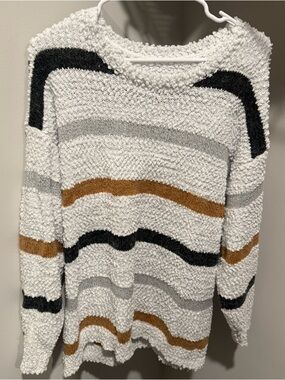 LOFT White Popcorn Knit Crewneck Sweater with Black, Gray & Brown Stripes